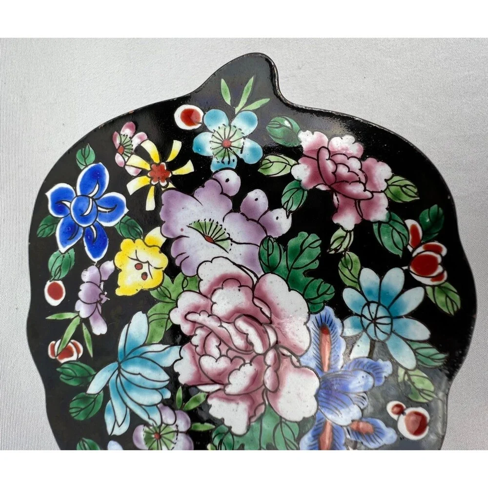 Vintage Seymour Mann Mille Fleurs Floral Enamel Leaf Trinket Box Hand Painted